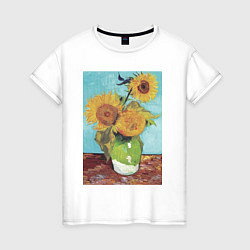 Футболка хлопковая женская Vase with Three Sunflowers Подсолнухи, цвет: белый