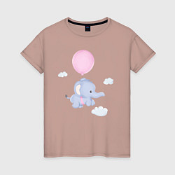 Футболка хлопковая женская Милый Слонёнок Летит На Воздушном Шарике, цвет: пыльно-розовый