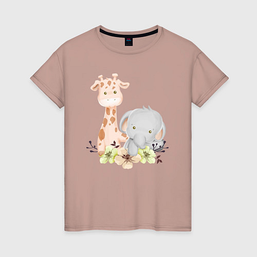 Женская футболка Милый Жирафик и Слонёнок Сидят Среди Цветов / Пыльно-розовый – фото 1