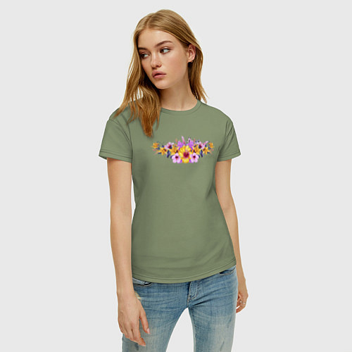 Женская футболка Цветы Разноцветные Гибискус и Ирисы / Авокадо – фото 3
