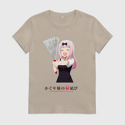 Футболка хлопковая женская Госпожа Кагуя Love is war Синомия с веером, цвет: миндальный
