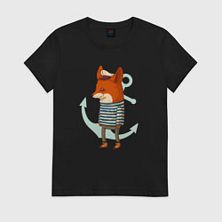 Футболка хлопковая женская Лис-моряк с якорем, цвет: черный