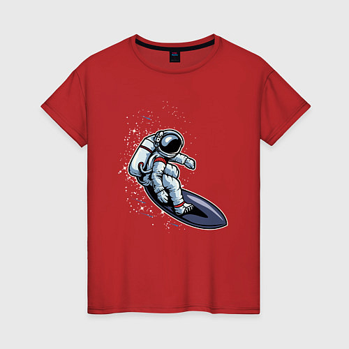 Женская футболка Космонавт на доске - серфинг / Красный – фото 1