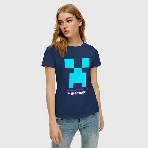 Женская футболка Символ Minecraft в неоновых цветах / Тёмно-синий – фото 3