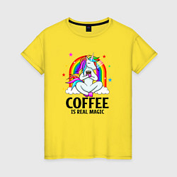 Футболка хлопковая женская Кофе - настоящая магия, цвет: желтый