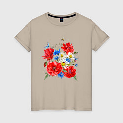 Футболка хлопковая женская Летний букет мак василек ромашка цветы лето, цвет: миндальный