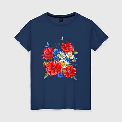 Футболка хлопковая женская Летний букет мак василек ромашка цветы лето, цвет: тёмно-синий