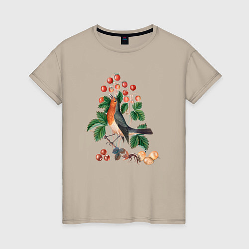 Женская футболка European Robin and Wild Strawberry Дрозд и клубник / Миндальный – фото 1
