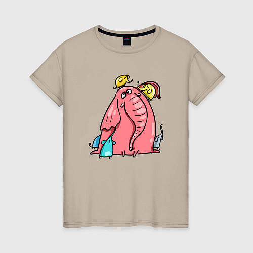 Женская футболка Розовая слоника со слонятами / Миндальный – фото 1