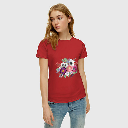 Женская футболка Букет из белых и розовых анемонов / Красный – фото 3