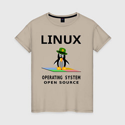 Футболка хлопковая женская Пингвин линукс, цвет: миндальный