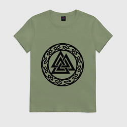 Футболка хлопковая женская Валькнут - символ Одина, цвет: авокадо