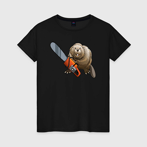 Женская футболка Бобер с бензопилой / Черный – фото 1