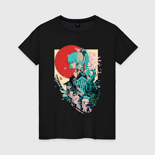 Женская футболка Аяка самурай - Геншин Импакт / Черный – фото 1
