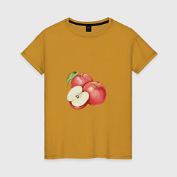 Футболка хлопковая женская Красные спелые яблоки, цвет: горчичный