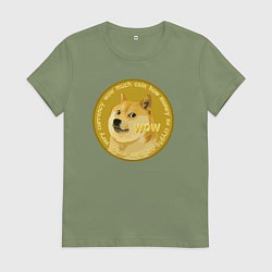Футболка хлопковая женская Иронизирующая монета с Доге, цвет: авокадо