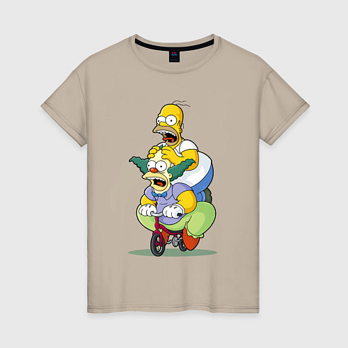 Женская футболка Гомер Симпсон и Клоун Красти едут на детском велос / Миндальный – фото 1