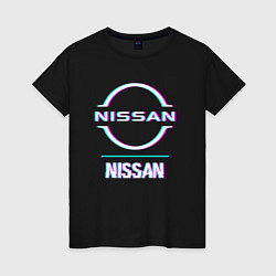 Футболка хлопковая женская Значок Nissan в стиле glitch, цвет: черный