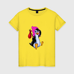 Футболка хлопковая женская Пингвин в розовой шапочке, цвет: желтый