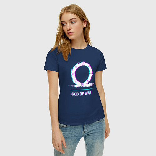 Женская футболка God of War в стиле glitch и баги графики / Тёмно-синий – фото 3