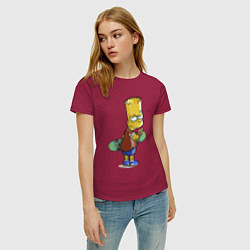 Футболка хлопковая женская Барт Симпсон со скейтбордом - жест, цвет: маджента — фото 2