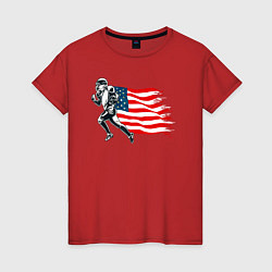 Футболка хлопковая женская Американский футбол с флагом США, цвет: красный
