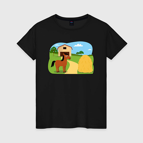Женская футболка Лошадка на ферме / Черный – фото 1