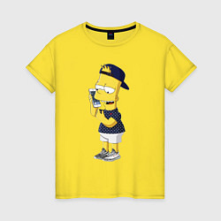 Футболка хлопковая женская Барт Симпсон болтает по мобильнику, цвет: желтый