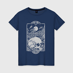 Футболка хлопковая женская Ночь, луна, листья пальмы, череп - герб, цвет: тёмно-синий
