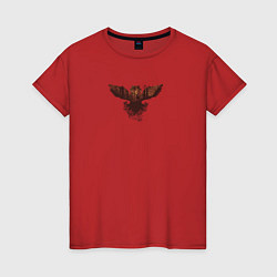 Футболка хлопковая женская Летящая сова и силуэт оленя в осеннем лесу, цвет: красный