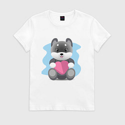 Футболка хлопковая женская Забавный мишка с сердечком, цвет: белый