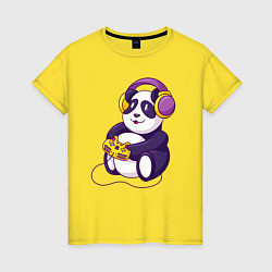 Футболка хлопковая женская Панда в наушниках с геймпадом, цвет: желтый