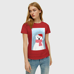 Футболка хлопковая женская Мультяшный белый медведь в красной шапке с шарфом, цвет: красный — фото 2