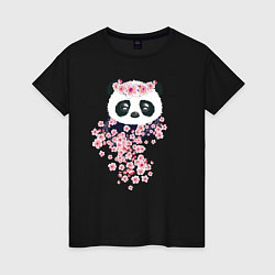 Футболка хлопковая женская Панда в сакуре, цвет: черный