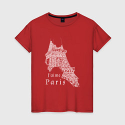 Футболка хлопковая женская Эйфелева башня и надпись Я люблю Париж, цвет: красный