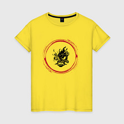 Футболка хлопковая женская Символ Cyberpunk 2077 и красная краска вокруг, цвет: желтый