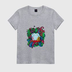 Футболка хлопковая женская Кошечка манеки неко приносящая удачу с орнаментом, цвет: меланж