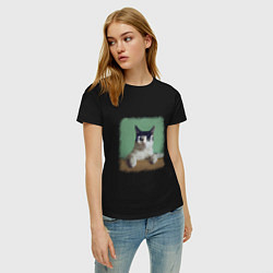 Футболка хлопковая женская Мем - голодный кот, цвет: черный — фото 2