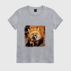 Футболка хлопковая женская Лиса показывает язык, цвет: меланж