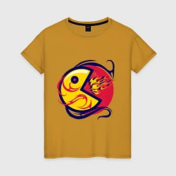 Футболка хлопковая женская Pacman из ретро игры извергает пламя, цвет: горчичный