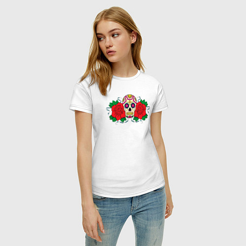 Женская футболка Мексиканский череп и розы / Белый – фото 3