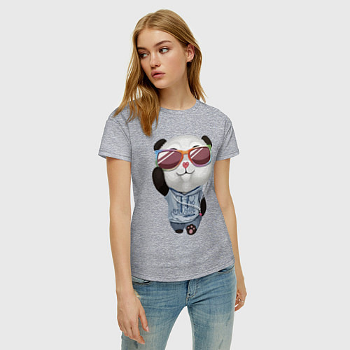 Женская футболка Прикольный пандёныш в темных очках и наушниках / Меланж – фото 3