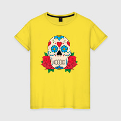 Футболка хлопковая женская Череп с двумя розами, цвет: желтый