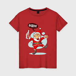 Футболка хлопковая женская Пьяный Дед Мороз!, цвет: красный