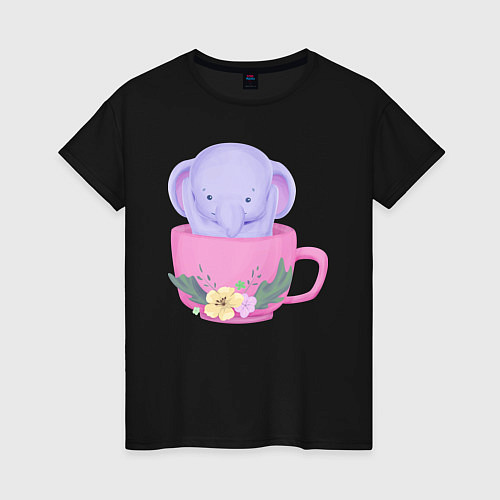 Женская футболка Милый слонёнок внутри чашки с цветами / Черный – фото 1