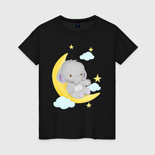 Женская футболка Милый слонёнок сидит на месяце среди звёзд / Черный – фото 1