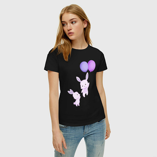 Женская футболка Милые крольчата с воздушными шарами / Черный – фото 3