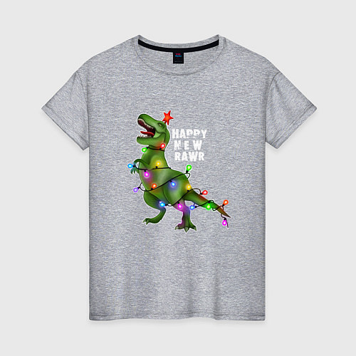Женская футболка Новогодний динозавр елочка гори / Меланж – фото 1