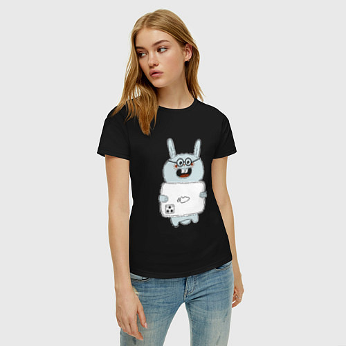 Женская футболка Кролик с модным телефоном / Черный – фото 3