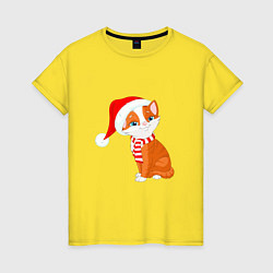 Футболка хлопковая женская Новогодний рыжий кот, цвет: желтый